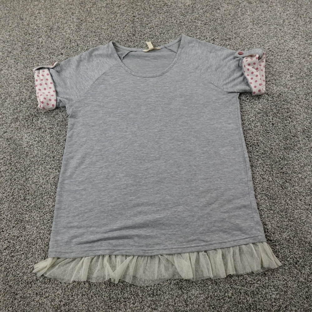 Matilda Jane Shirt Womens‎ M Gray Heather Lace Ruffle Polka Dot Casual Preppy